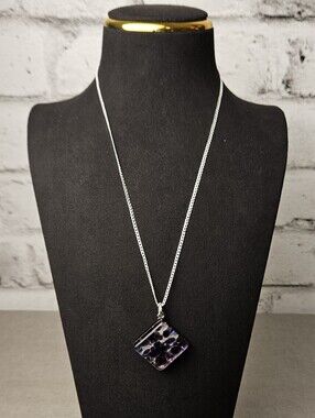 Murano Glass Purple Mosaic Pendant Necklace Silver Tone Chain